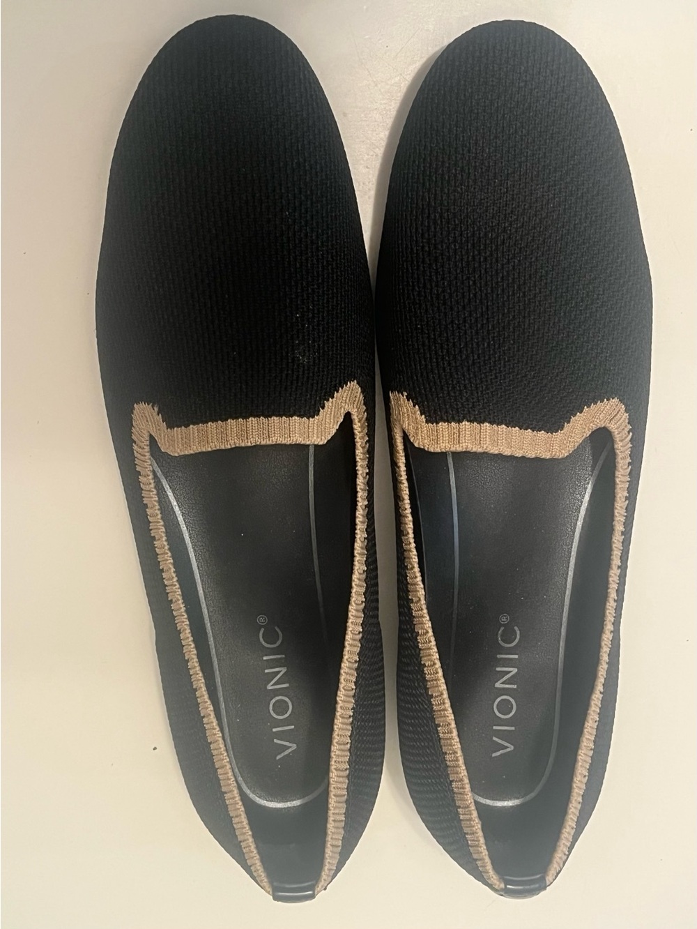 Vionic Black Knit Slip-On Flats with Tan Trim